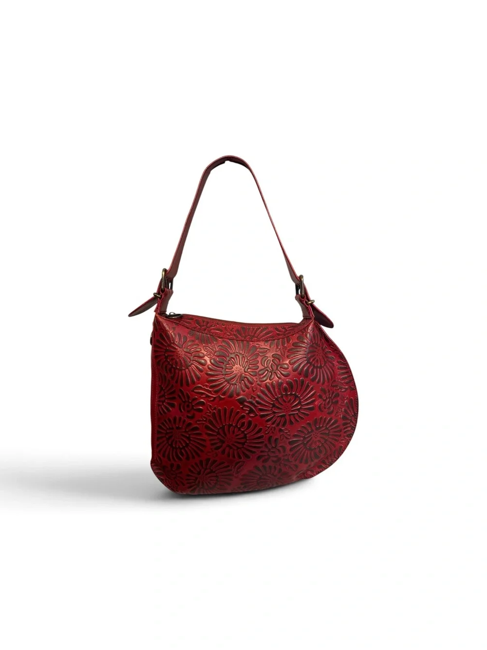 Rare Vintage Fendi Red Embossed Floral Leather Oyster Hobo Shoulder Bag